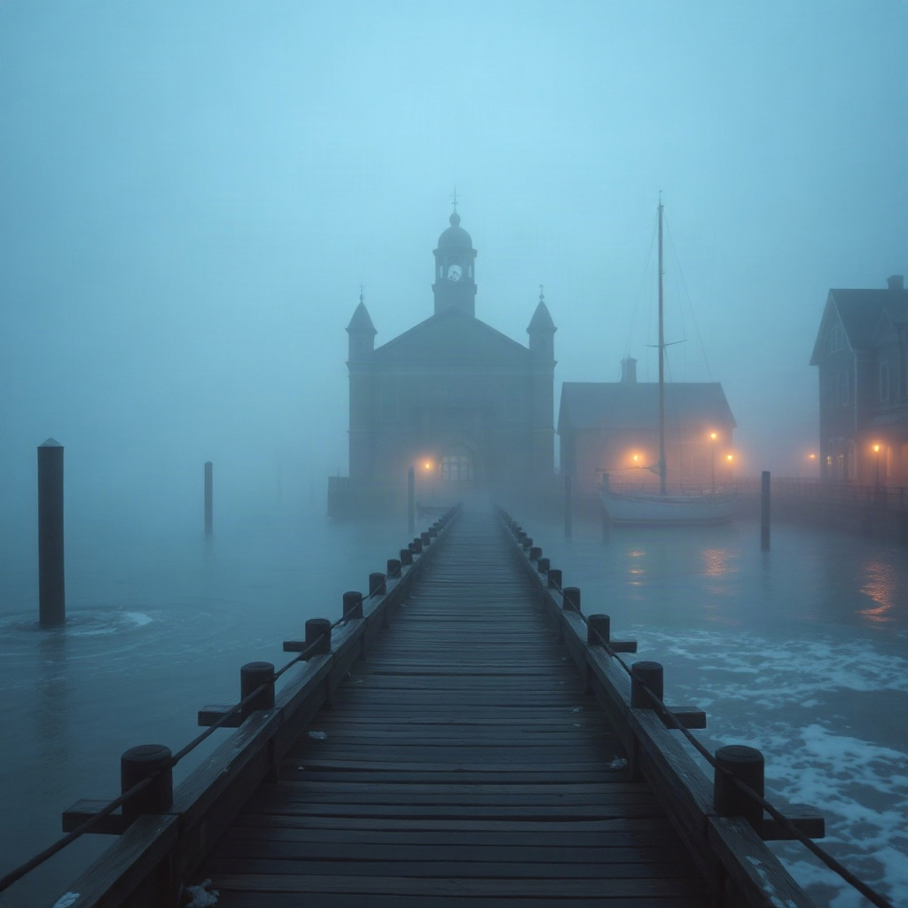 Fog harbor period mystery drama cover with old fishing town pier